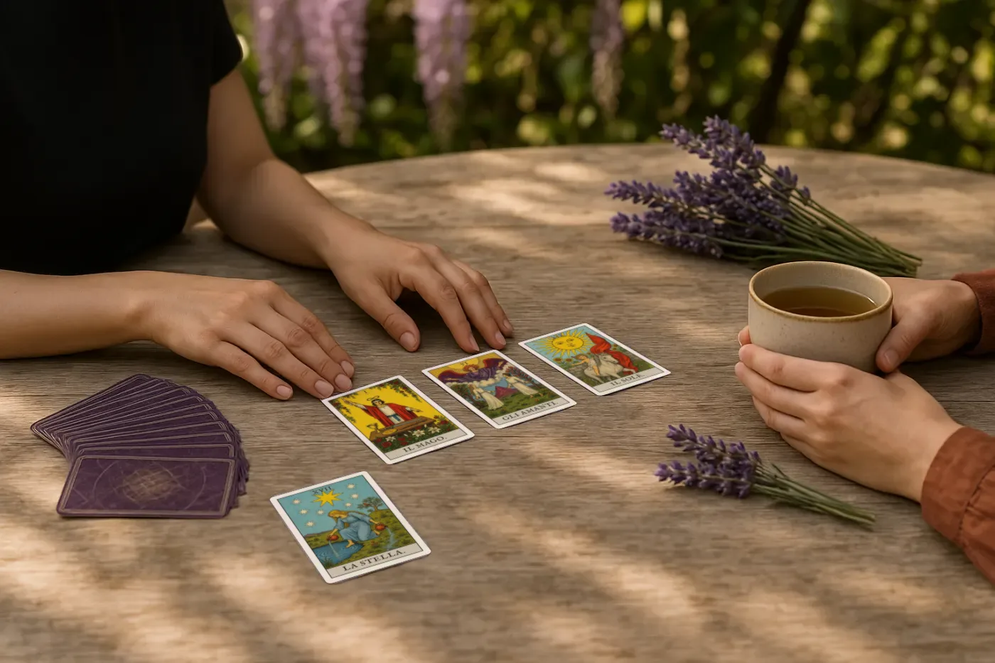 Le mani di una cartomante stendono tre carte su un tavolo in giardino; di fronte, la cliente con una tazza di tè