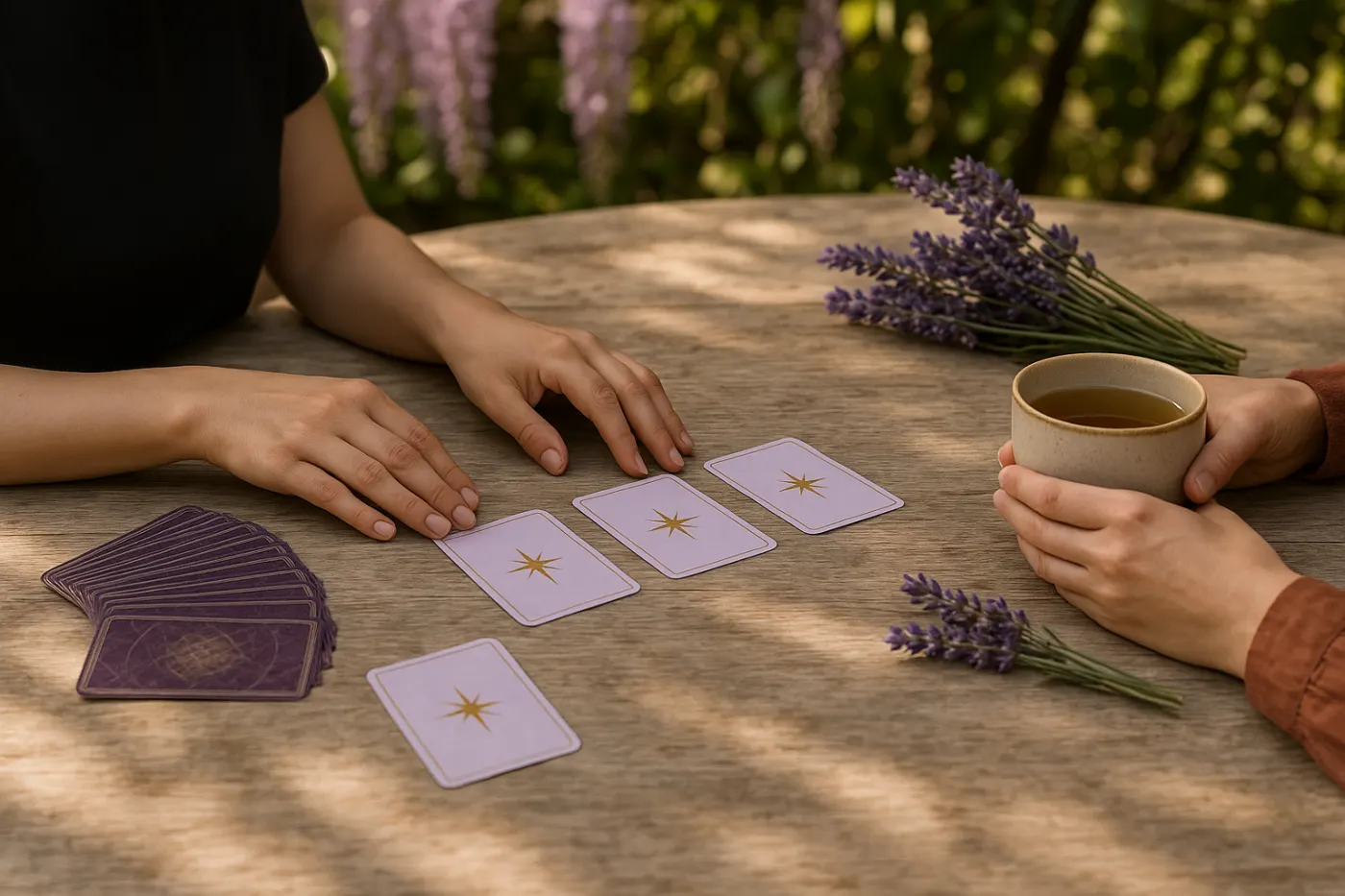 Le mani di una cartomante stendono tre carte su un tavolo in giardino; di fronte, la cliente con una tazza di tè
