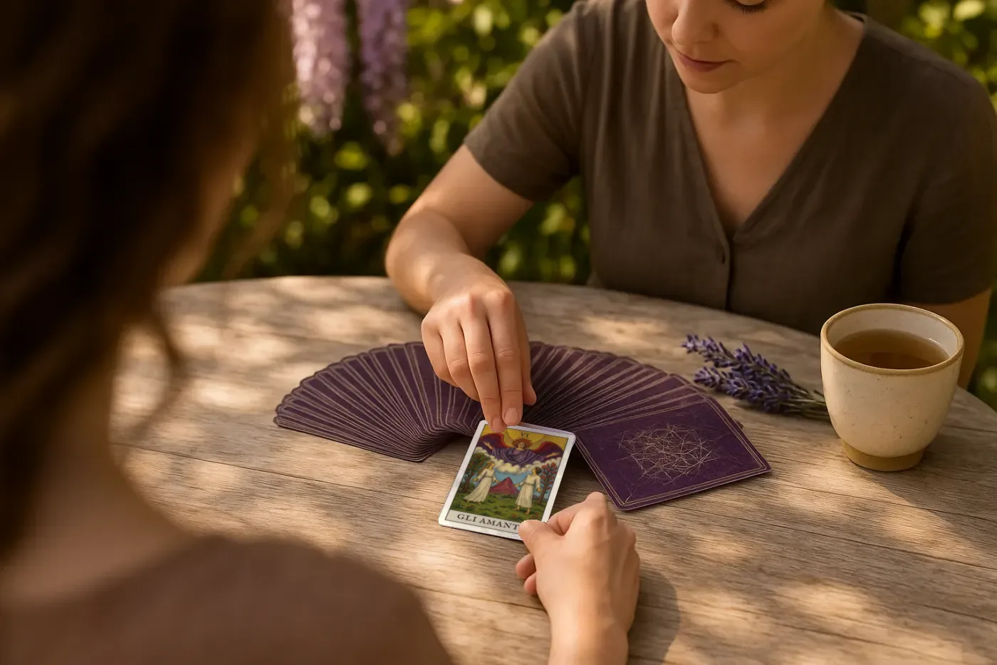 Una cartomante gira una carta dei tarocchi davanti alla cliente, seduta di spalle, a un tavolo in giardino