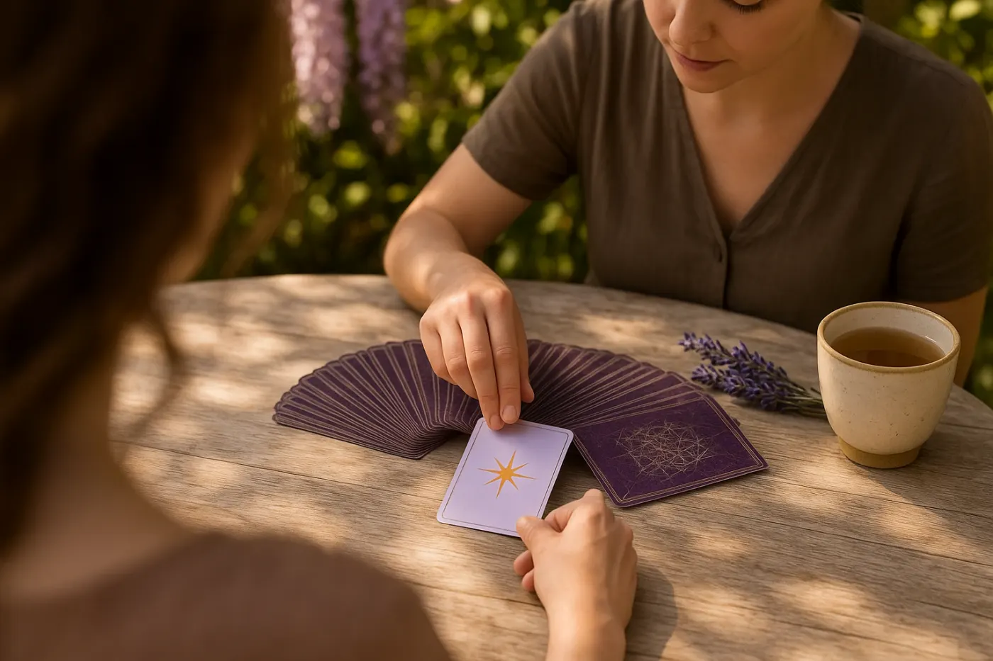 Una cartomante gira una carta dei tarocchi davanti alla cliente, seduta di spalle, a un tavolo in giardino