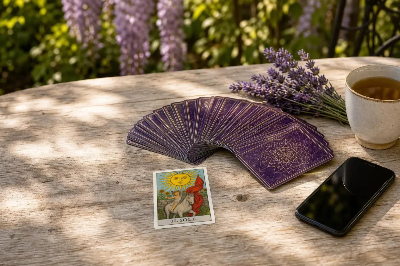 Un mazzo di tarocchi aperto a ventaglio su un tavolo in giardino, accanto a uno smartphone e a un rametto di lavanda