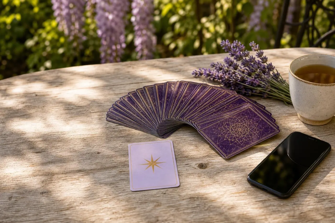 Un mazzo di tarocchi aperto a ventaglio su un tavolo in giardino, accanto a uno smartphone e a un rametto di lavanda